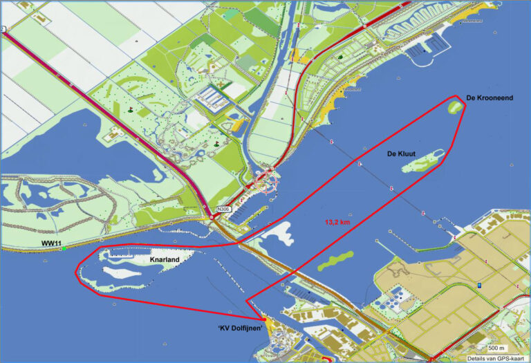 Kaart van kanoroute KV – de Kluut – de Krooneend – Knarland – KV (13,2 km)