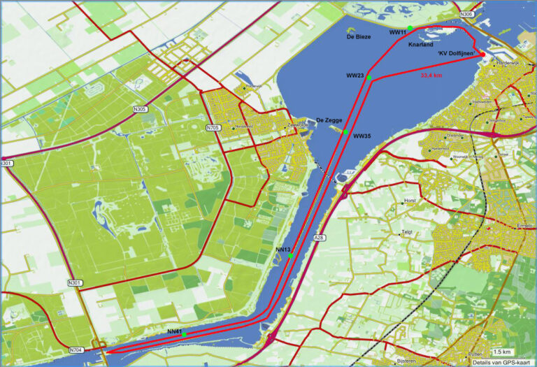 Kaart van kanoroute KV – Knarland – de Zegge – Nijkerkersluis – WW23 – KV (33,4 km)